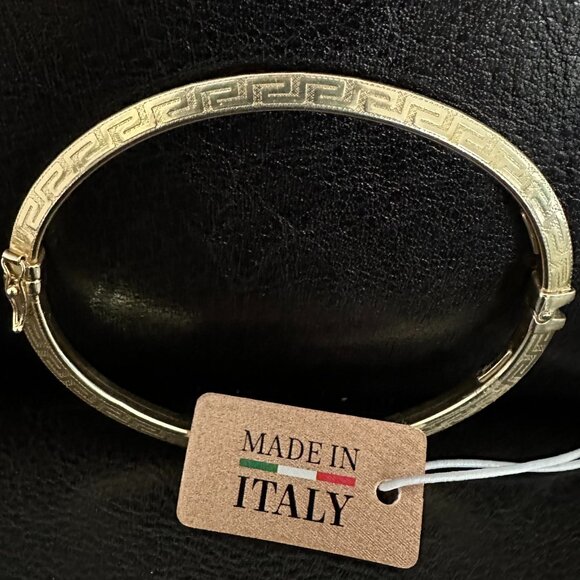 Mia Fiore Italy 14K Gold Plated Sterling Silver Open Bangle Greek Key Design NWT - Picture 1 of 4